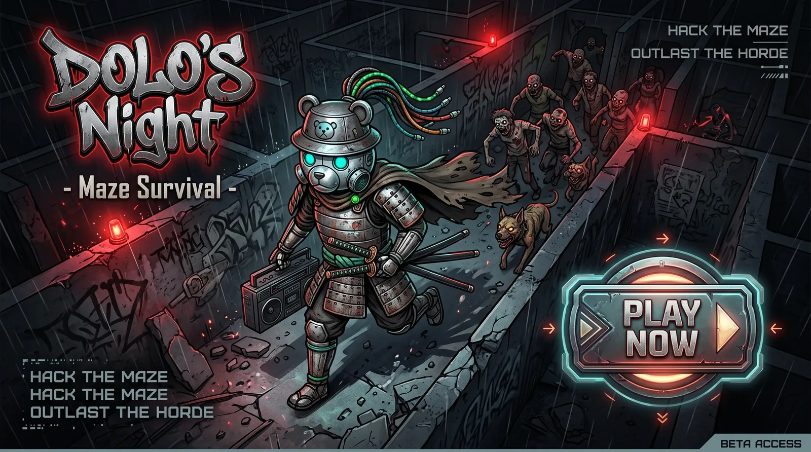 Dolo's Night — Maze Survival: the panda runner with the red blade holding back the horde in a haunted maze