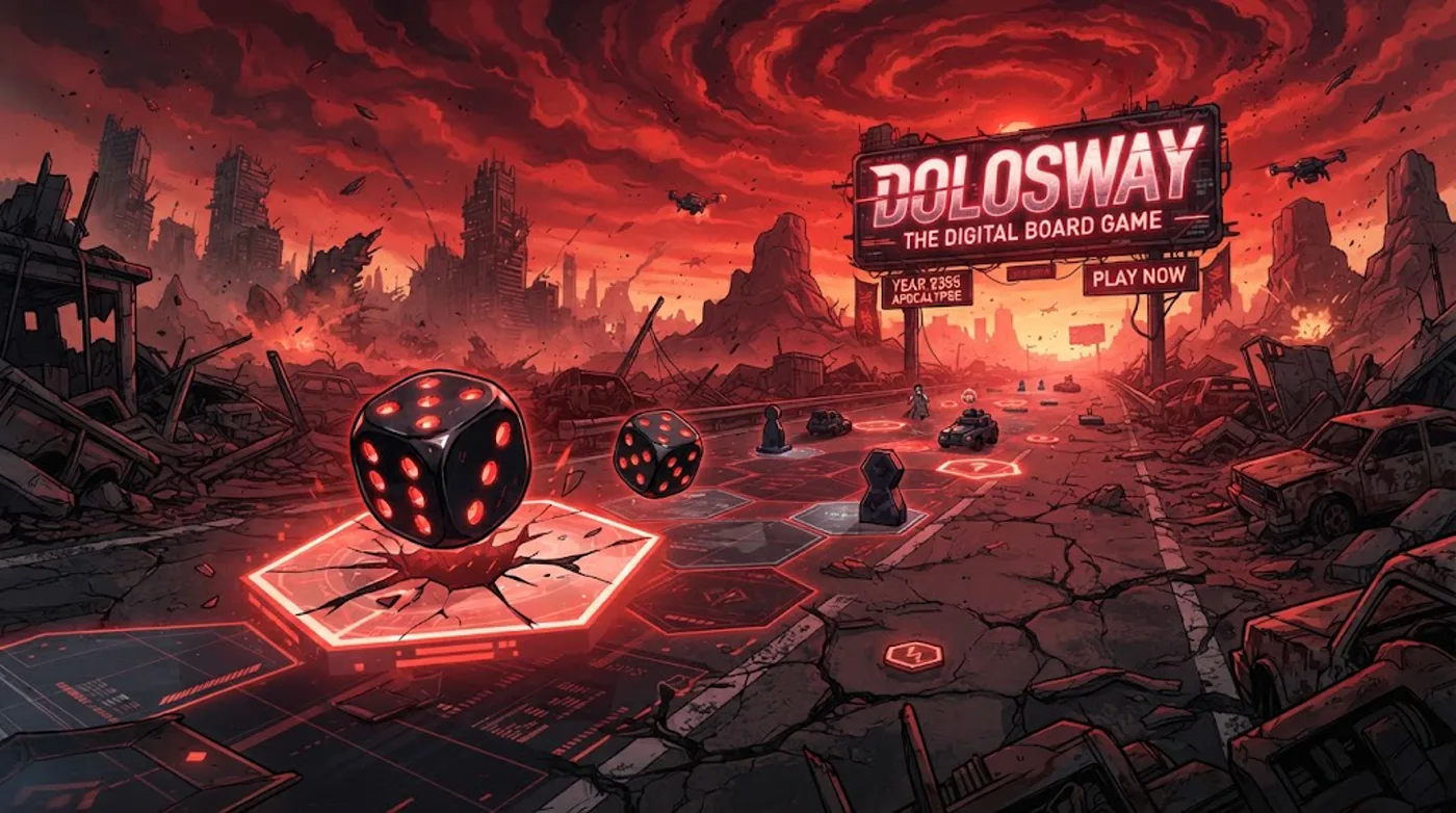 Dolosway — the digital board game key art, dice on glowing hex tiles in a ruined city