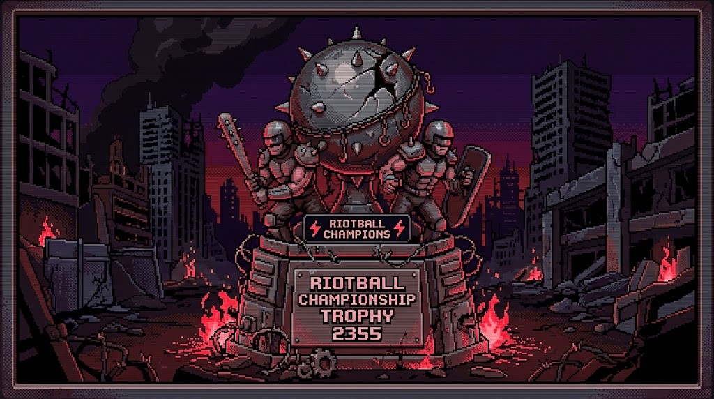 Riotball Championship Trophy 2355 — two champions hoist the spiked core over the burning city