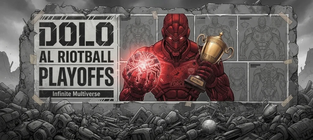 Dolo AL Riotball League Playoffs — the crimson champion holds the trophy and the glowing sphere over a field of fallen machines