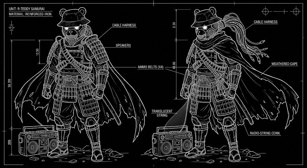 R-Teddy Samurai unit blueprint — reinforced iron armor schematic