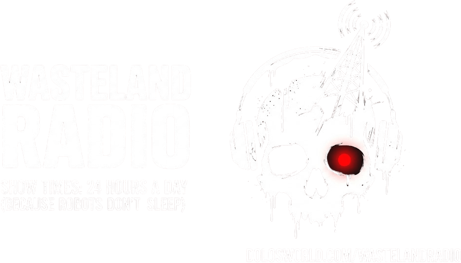 Wasteland Radio banner — skull with headphones and broadcast tower, show times 24 hours a day